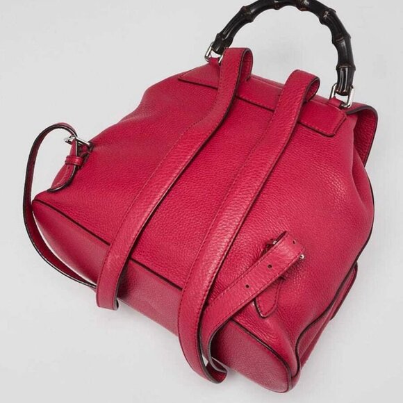 Gucci Dark Pink Pebbled Leather Bamboo Backpack Bag - Picture 3 of 12